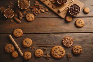 AI generated Cookies on a wooden table. Top view. ai generative photo