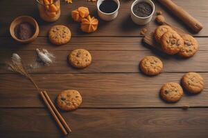 ai generado galletas en un de madera mesa. parte superior vista. ai generativo foto