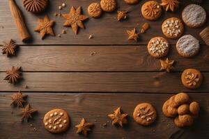 AI generated Cookies on a wooden table. Top view. ai generative photo