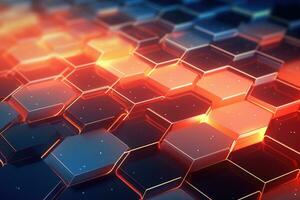 AI generated 3d rendering of abstract background with hexagons in blue and orange colors, 3D rendering of an abstract hexagon background with blue neon lights, AI Generated photo