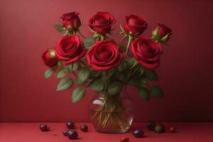 AI generated Red roses background. Top view of beautiful red roses with green leaves. ai generative photo