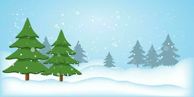 invierno paisaje con abeto árboles, silueta de un conífero bosque, que cae nieve. nieve antecedentes con sitio para texto para Navidad, nuevo año. naturaleza en invierno. vector ilustración.
