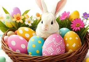 AI generated Easter bunny with colorful eggs in nest. ai generative photo