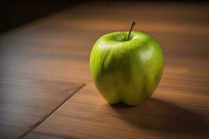 ai generado verde manzana en un de madera antecedentes. ai generativo foto