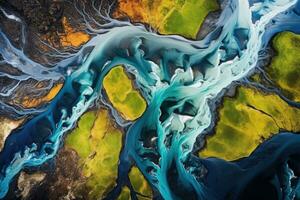 AI generated Fluid art texture. Abstract background with mixing paint effect. Liquid acrylic artwork. Mixed media, Aerial view from above on a green and blue glacier river stream in South Iceland photo