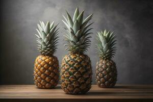 AI generated Pineapples on a wooden background. ai generative photo