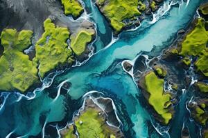 ai generado aéreo ver de un río en Islandia, Europa. parte superior vista, aéreo ver desde encima en un verde y azul glaciar río corriente en sur Islandia, ai generado foto