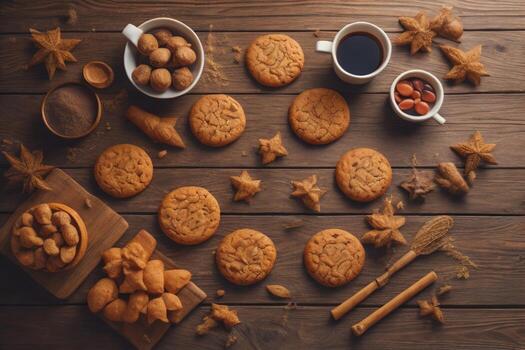 ai generado galletas en un de madera mesa. parte superior vista. ai generativo foto