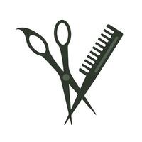 Set of flat silhouette of a hairbrush and scissors on a white transparent background. vector