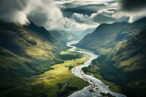 ai generado aéreo ver de el cañada etivo y cañada etivo en Escocia, aéreo ver de Glencoe y el montañas rodeando el pequeño pueblo en Escocia, ai generado foto