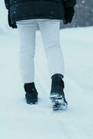 viajero caminando en el nieve, de cerca impermeable botas o Zapatos durante excursionismo en Nevado bosque. invierno temporada foto