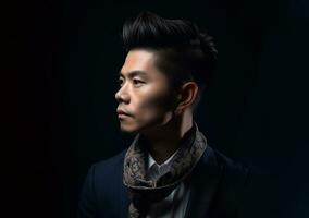 AI generated Portrait of fashion Asian man, styled in a pompadour, wearing a scarf, lit from the side against a dark background photo