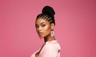 AI generated Black woman wearing braid hair on pink background photo