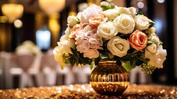 ai generado hermosa lujo Boda floral centros de mesa flor ramo de flores en un florero o maceta en el Boda mesa o como un decoración en un romántico cena o Boda mesa recepción. Copiar espacio. foto