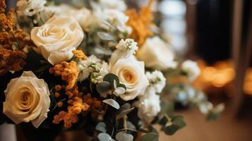 ai generado hermosa lujo Boda floral centros de mesa flor ramo de flores en un florero o maceta en el Boda mesa o como un decoración en un romántico cena o Boda mesa recepción. Copiar espacio. foto