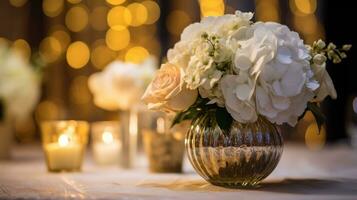 AI generated Beautiful luxury wedding floral centerpieces flower bouquet in a vase or pot on the wedding table or as a decoration in a romantic dinner or wedding table reception. Copy space. photo