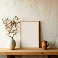 AI generated wooden frame mock up leaning against the wall beside plant and pot photo