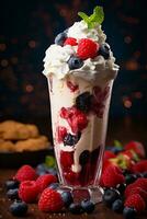 AI generated Strawberry milkshake with whipped cream and cherry on top, retro dessert topping photo