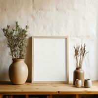 AI generated wooden frame mock up leaning against the wall beside plant and pot photo