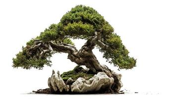 AI generated Beautiful bonsai plant in a stone chunk looks natural with isolated on white background. photo