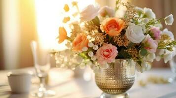 ai generado hermosa mezcla de Rosa y otro flor ramo de flores decoración en un florero para el comedor mesa, Boda cena o recepción, foto