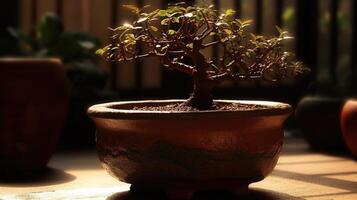 ai generado hermosa bonsai planta monitor en un cerámico maceta interior foto