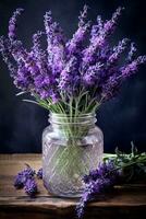 AI generated Close up of lavender in glass jar on small table against neutral wall background photo