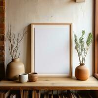 AI generated wooden frame mock up leaning against the wall beside plant and pot photo