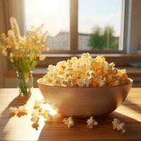 AI generated overhead shot of a bowl with popcorn photo