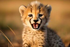 ai generado retrato de un bebé leopardo con grande ojos foto