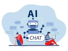 Chat bot,woman and man uses computer for consulting with. Artificial intelligence technology. Digital chat bot, robot application, conversation assistant concept. vector illustrator