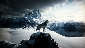 AI generated A lone wolf stands on a rocky cliff. the vast area in winter. Signifies the arrival of winter photo