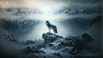 AI generated A lone wolf stands on a rocky cliff. the vast area in winter. Signifies the arrival of winter photo