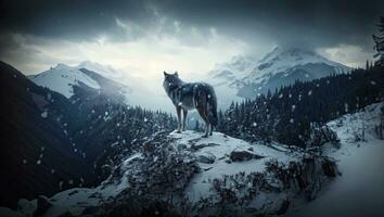 AI generated A lone wolf stands on a rocky cliff. the vast area in winter. Signifies the arrival of winter photo