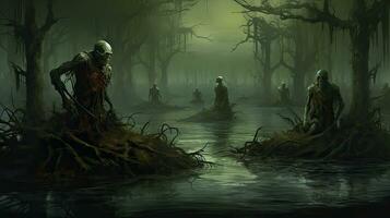 Mystical swamp in ominous fog and zombies. Fantasy background. Generative AI photo