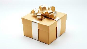 dorado regalo caja con arco en blanco antecedentes. generativo ai foto