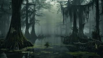 Mystical swamp in an ominous fog. Fantasy background. Generative AI photo