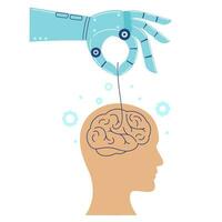 Robot hand manipulates a human brain. Artificial intelligence technologies concept. Vector illustration.