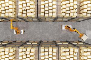 Warehouse, automatic robots, loading and unloading of boxes and goods, artificial intelligence, logistics. Robots sort and move boxes. Top view. photo