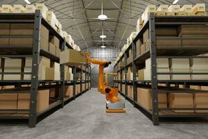 Warehouse, automatic robots, loading and unloading of boxes and goods, artificial intelligence, logistics. Robots sort and move boxes. technologies of future. photo