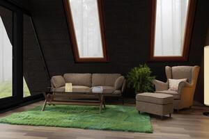 A-frame house interior, triangular house hut, project for construction, 3D visualization of cozy house for rest and travel. living room, sofa, armchair, fluffy carpet and table. photo