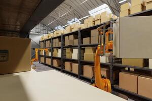 Warehouse, automatic robots, loading and unloading of boxes and goods, artificial intelligence, logistics. Robots sort and move boxes photo