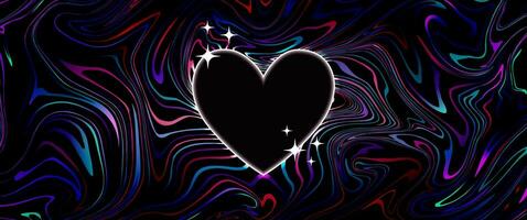 Digital Valentine Day glowing heart frame, retro y2k blinks and abstract liquid dark background. Vector banner, horizontal poster, greeting.