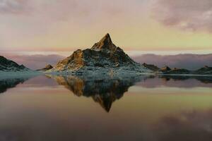 3D render landscape, mountains, snow and lake, sunset sky, copy space photo