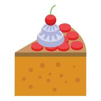 Slice of cake with cherry icon isometric vector. Calorie caramel dessert vector