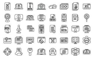 Beta version icons set outline vector. Build code bug vector