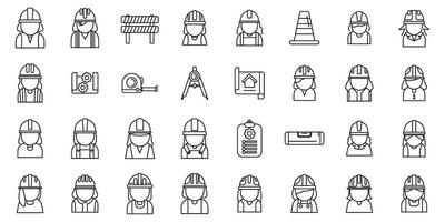 Female construction engineer icons set outline vector. Worker architect vector