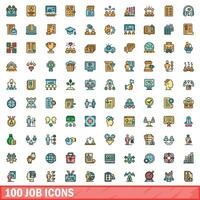 100 job icons set, color line style vector