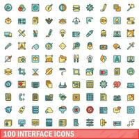 100 interface icons set, color line style vector