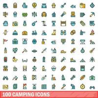 100 camping icons set, color line style vector